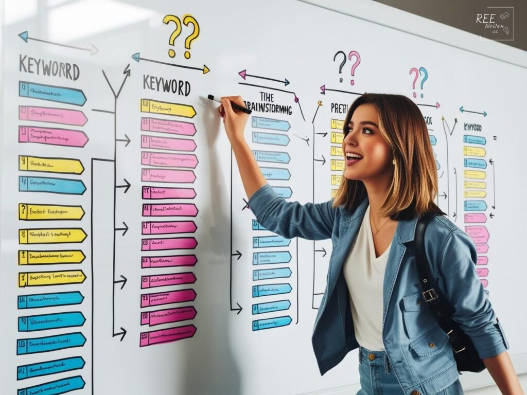 Woman writing ideas on whiteboard