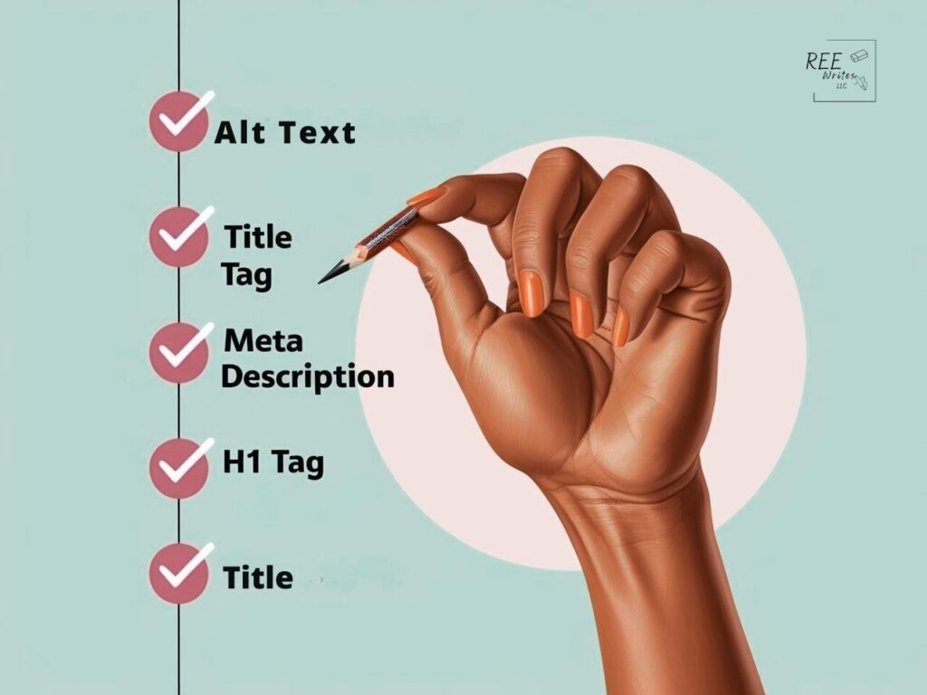 A hand checking of a list of SEO tags