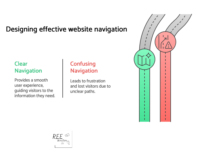 Diagram of two roads where one is clear and green while the other is red and confusing