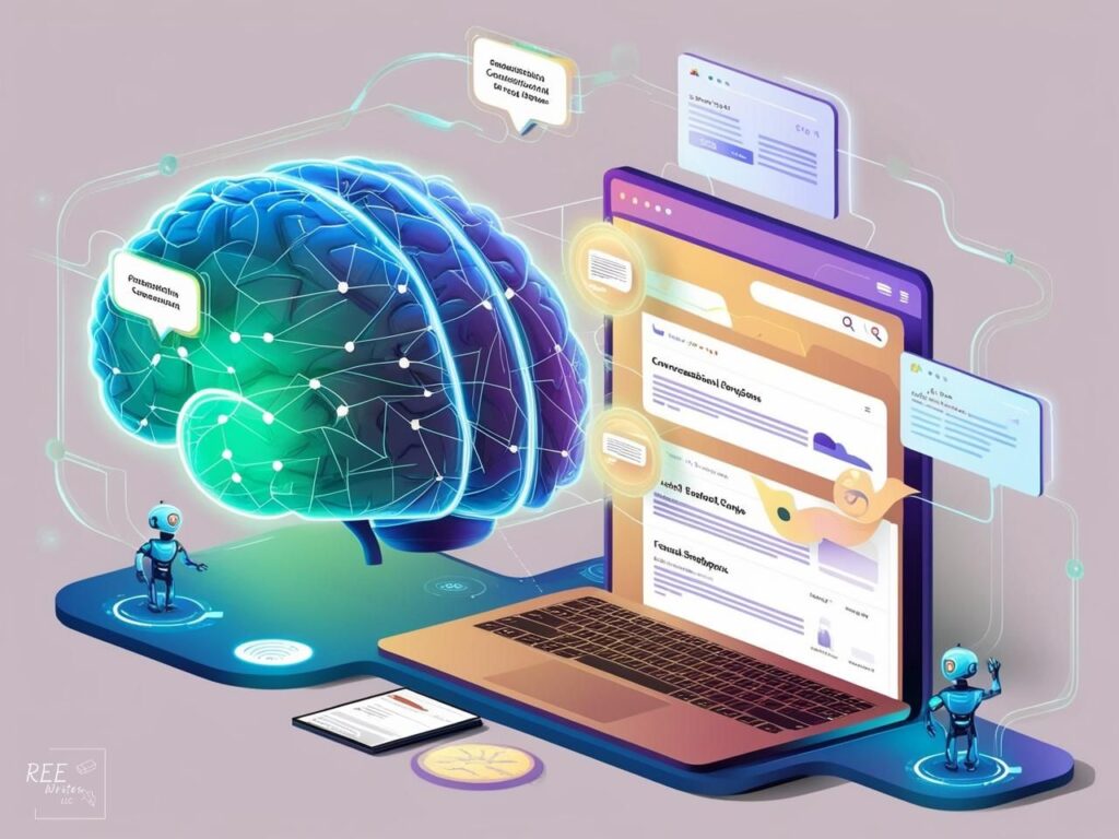 A futuristic brain interacting with SERPSs, featured snippets, and AI bots analyzing content