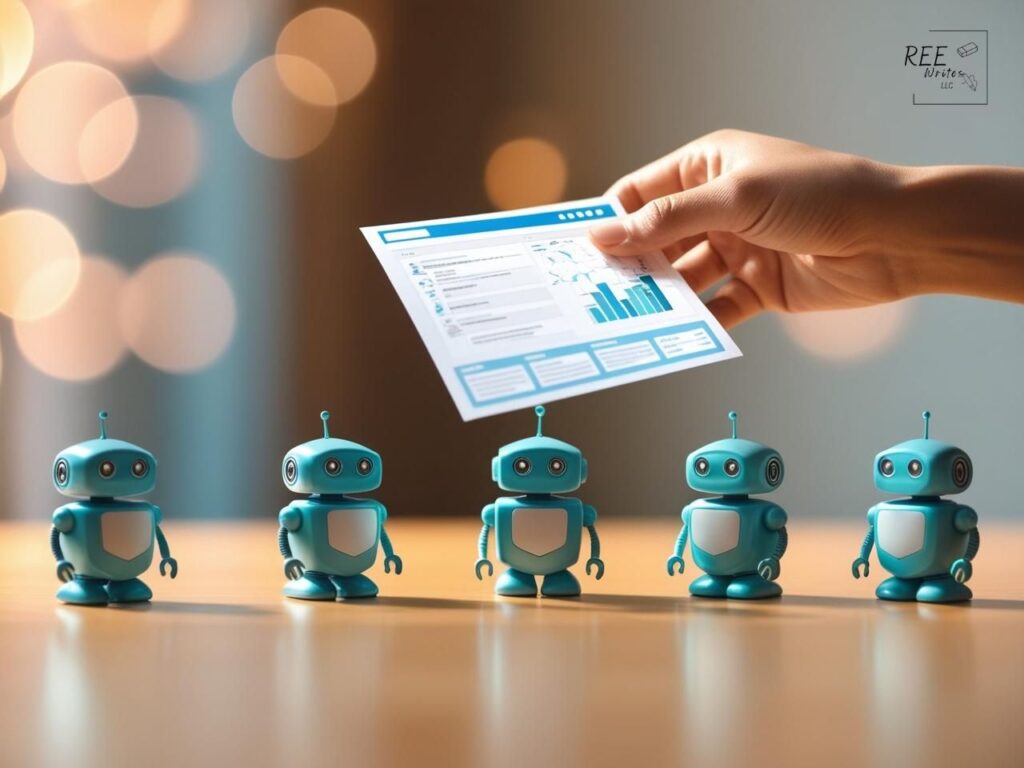 A woman hands her sitemap to little robots on a desk