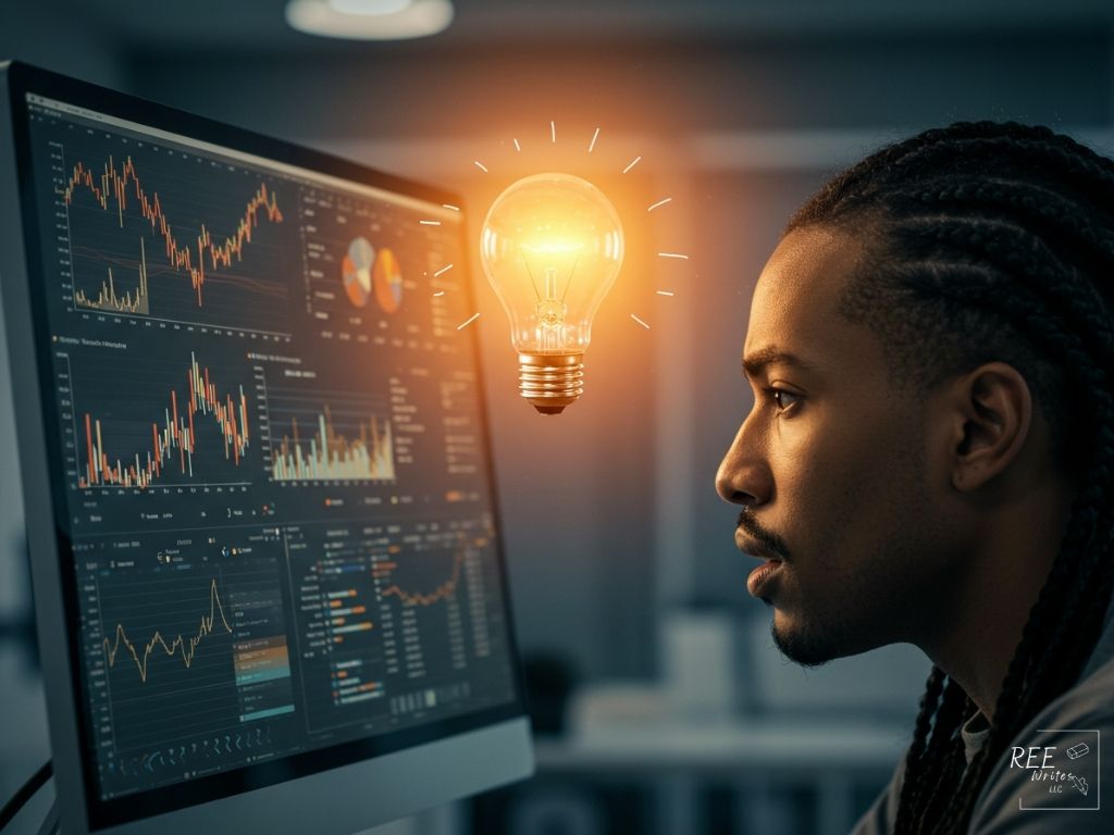 Guy with braids looking at analytics data lightbulb moment
