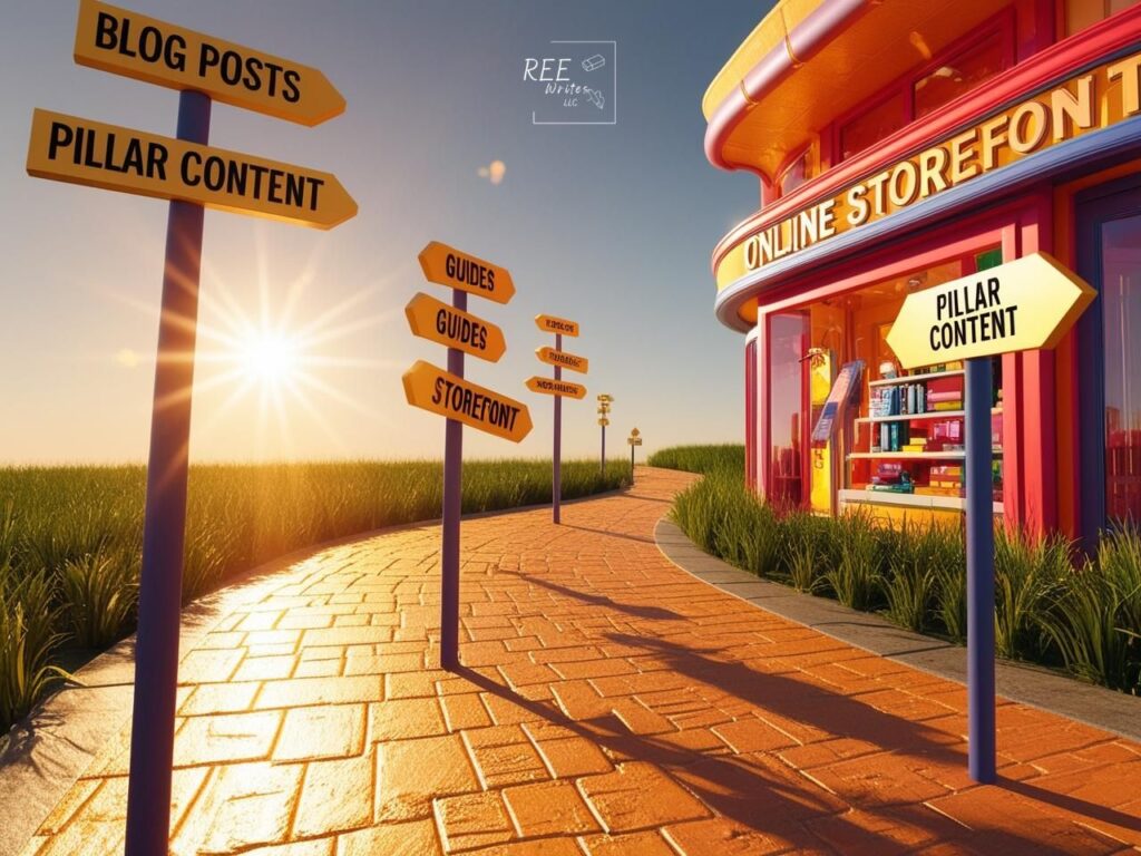 A golden pathway to an online storefront with signs pointing to the door