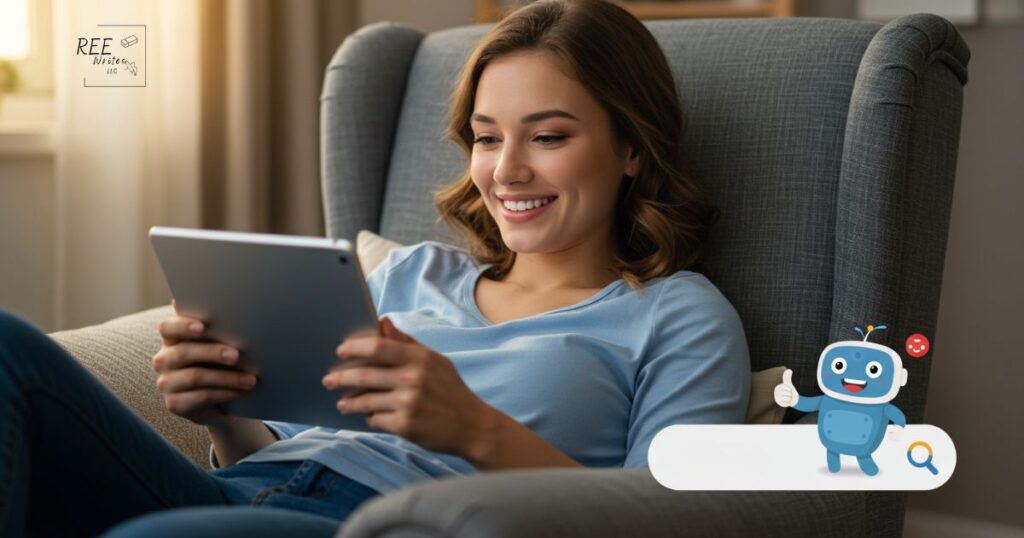 Woman reading tablet search engine bot in the corner with a thumbs up