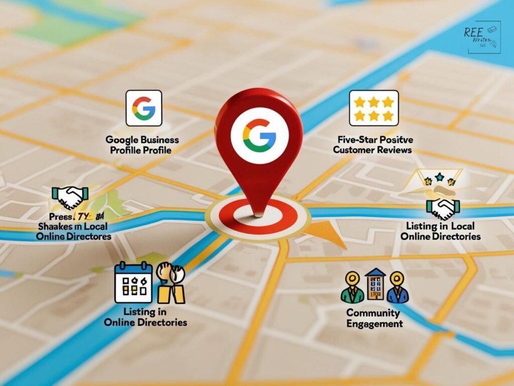 Map pinpointing Google Business Profile stars local directories community engagement