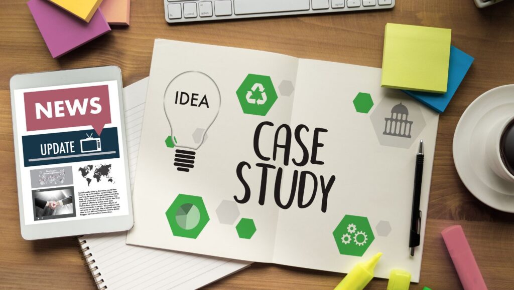 Colorful case study graphic on desk