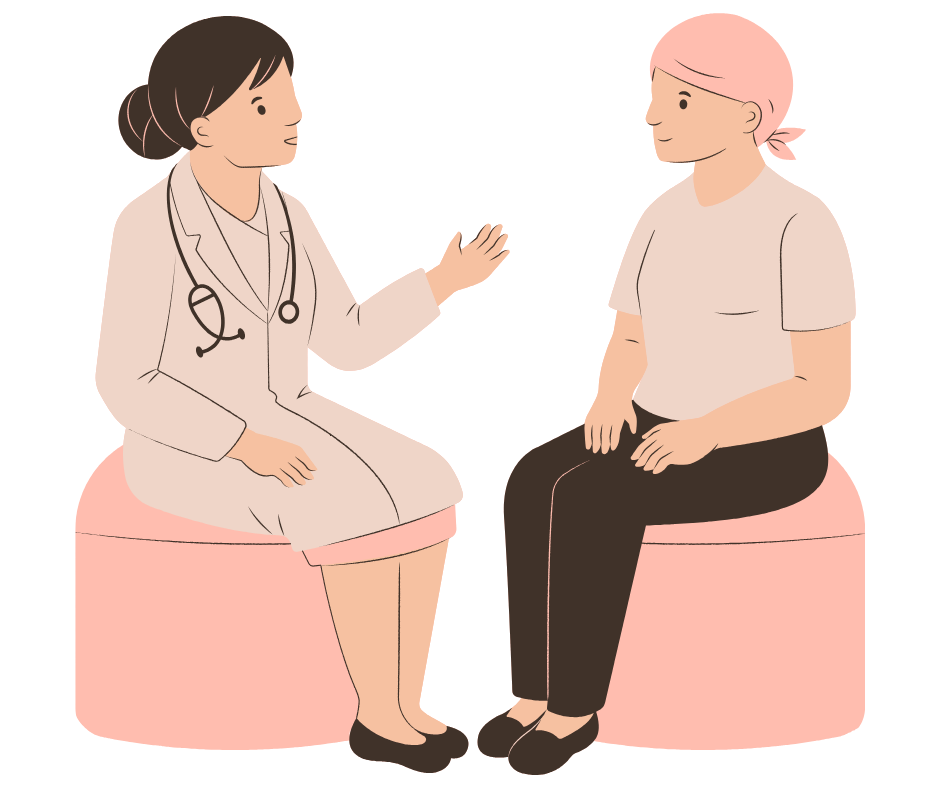 Doctor speaks to patient on pink cushions