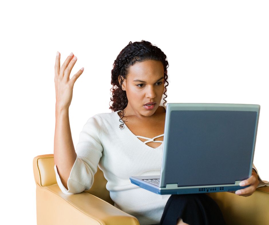 Frustrated woman with hand up and laptop