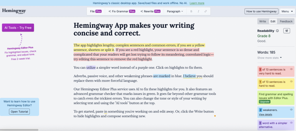 Hemingway desktop homepage