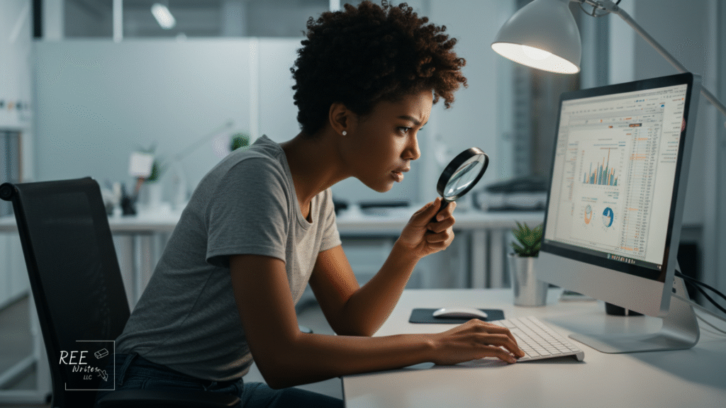 Woman using magnifying glass on computer with research