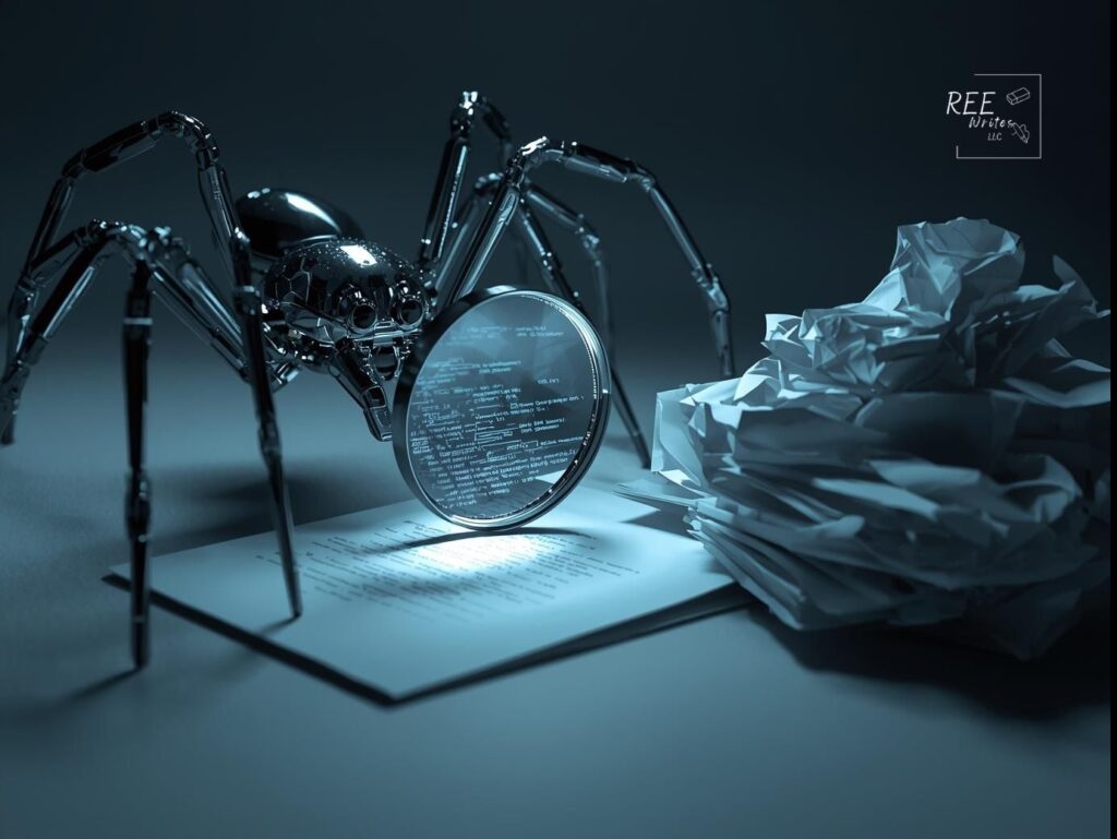 Robotic spider crawling the web with papers