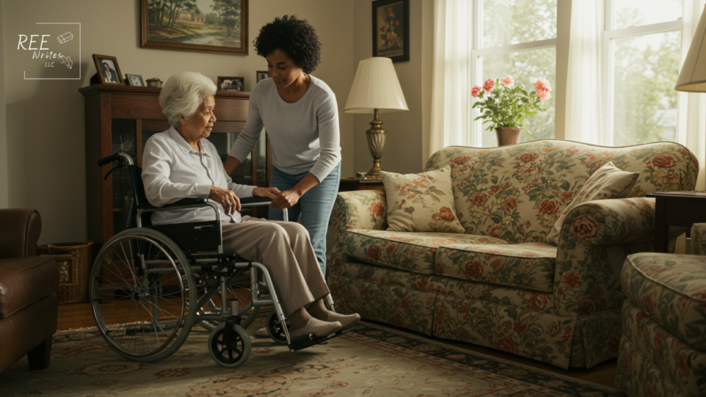 A woman helping her elderly mother in a wheelchair