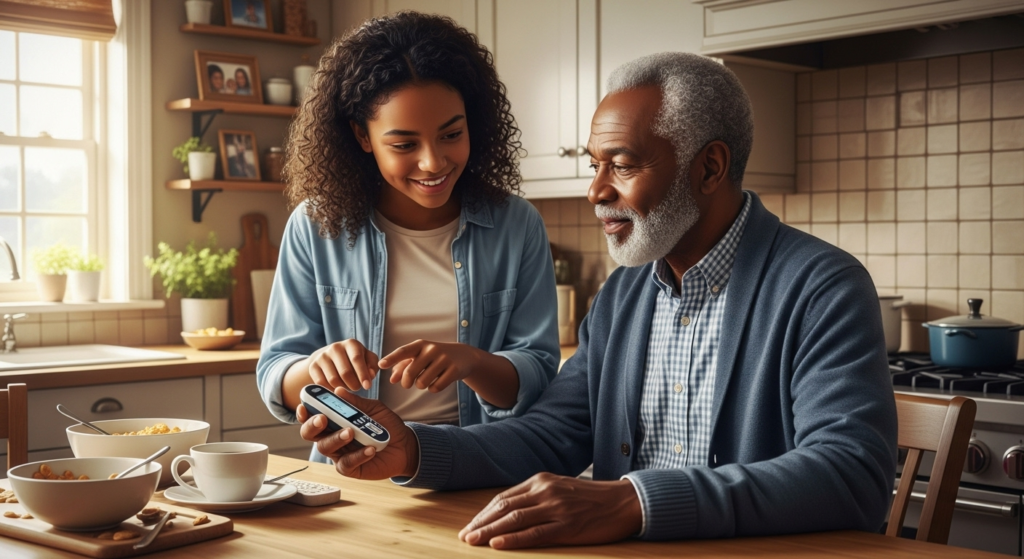 Girl at kitchen table with her grandpa